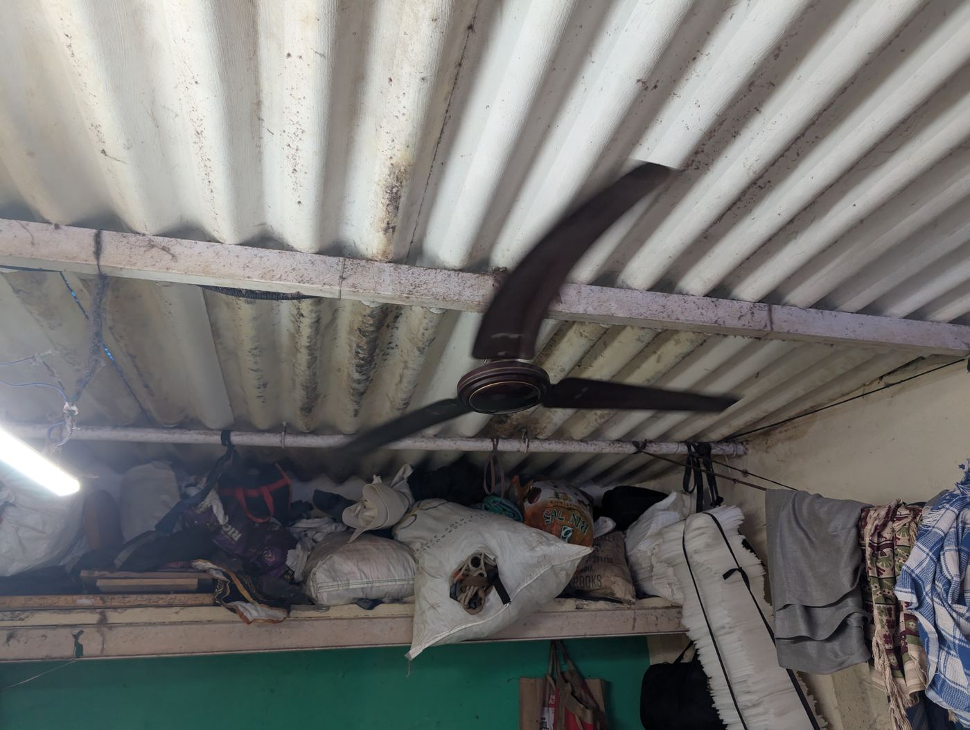A fan wired to the rafters under a corrugated roof