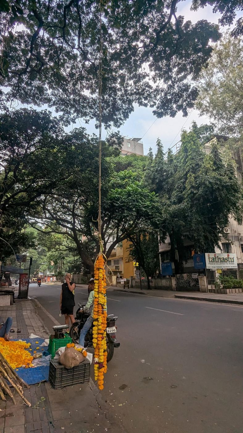 Marigold garlands strung up in the street