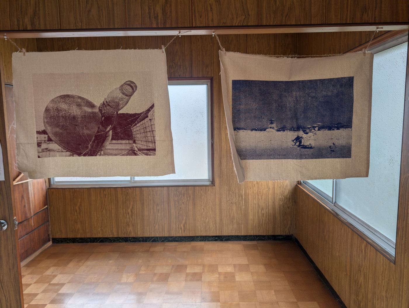 Silkscreen prints on cotton, hanging